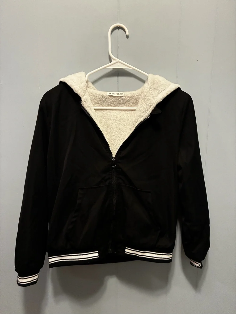 SHEIN Black Bomber Jacket with White Sherpa Hood